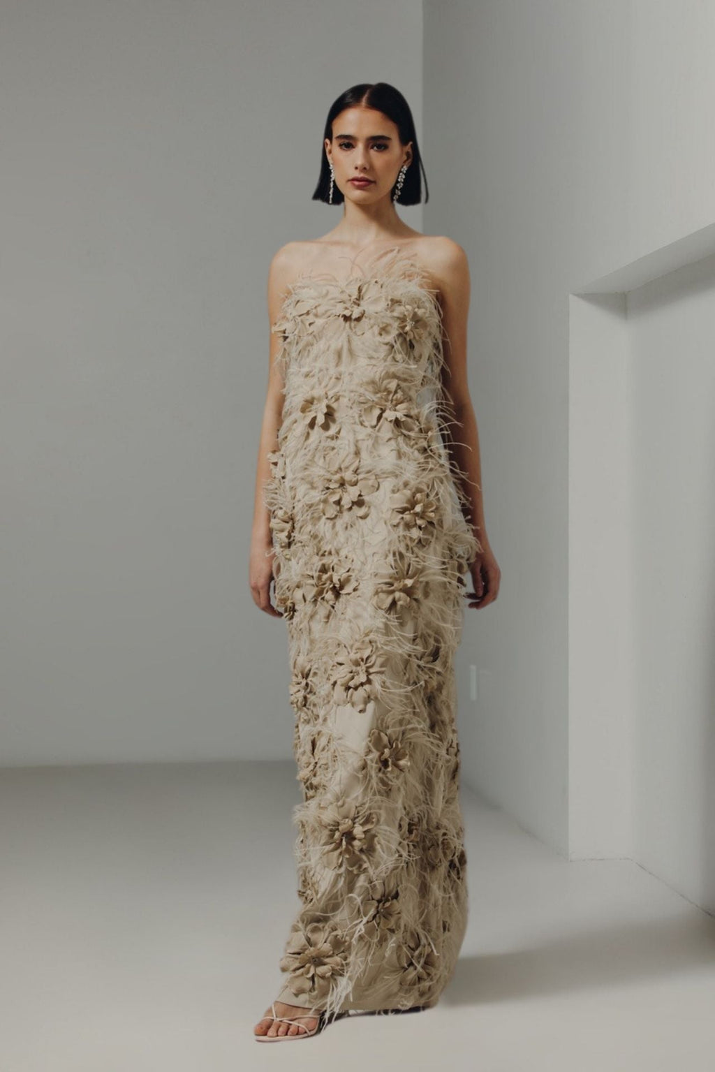 Strapless Gown With Feather And Gem Pinwheels  HERTROVE