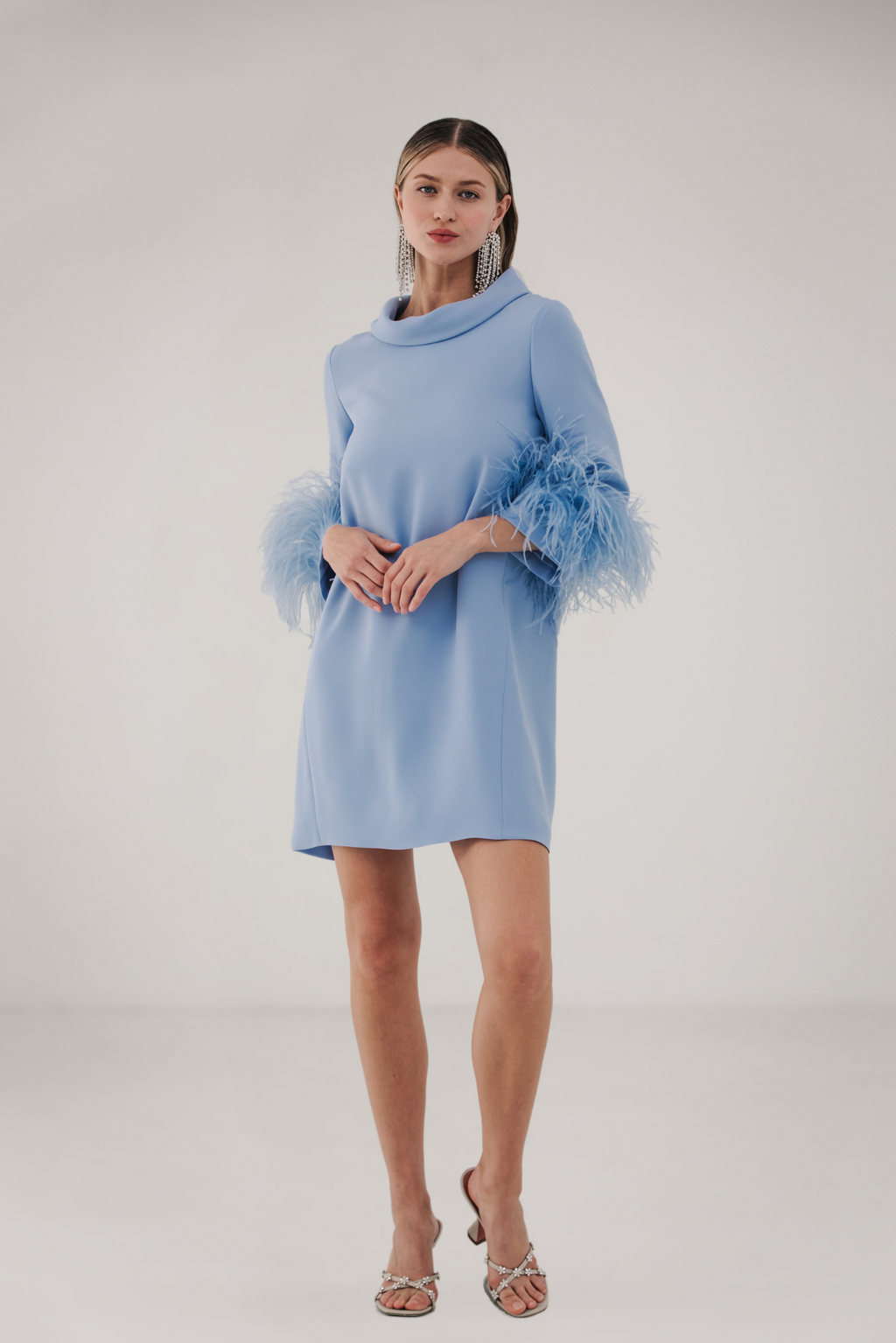 Mock Neck Feather Cuff Dress Light Blue / Custom Mock Neck Feather Cuff Dress Light Blue / Custom