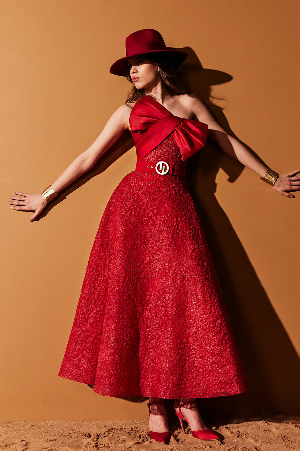 open lace back dress Organza Jacquard Midi Dress Red / FR 48