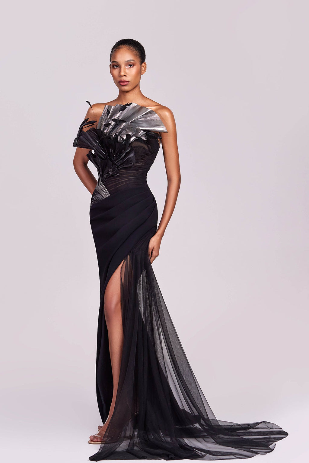 metallic feather dress Feathered neckline metallic dress – HERTROVE