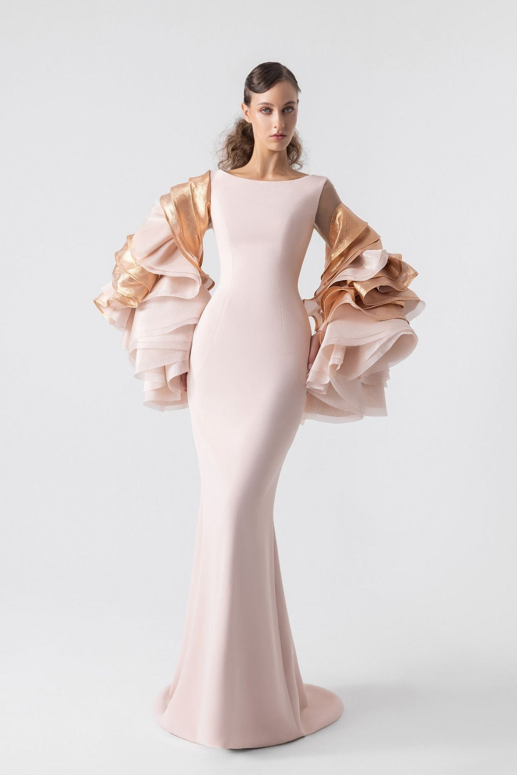 Mermaid Crepe Dress with Cascading Sleeves Pink / US 8