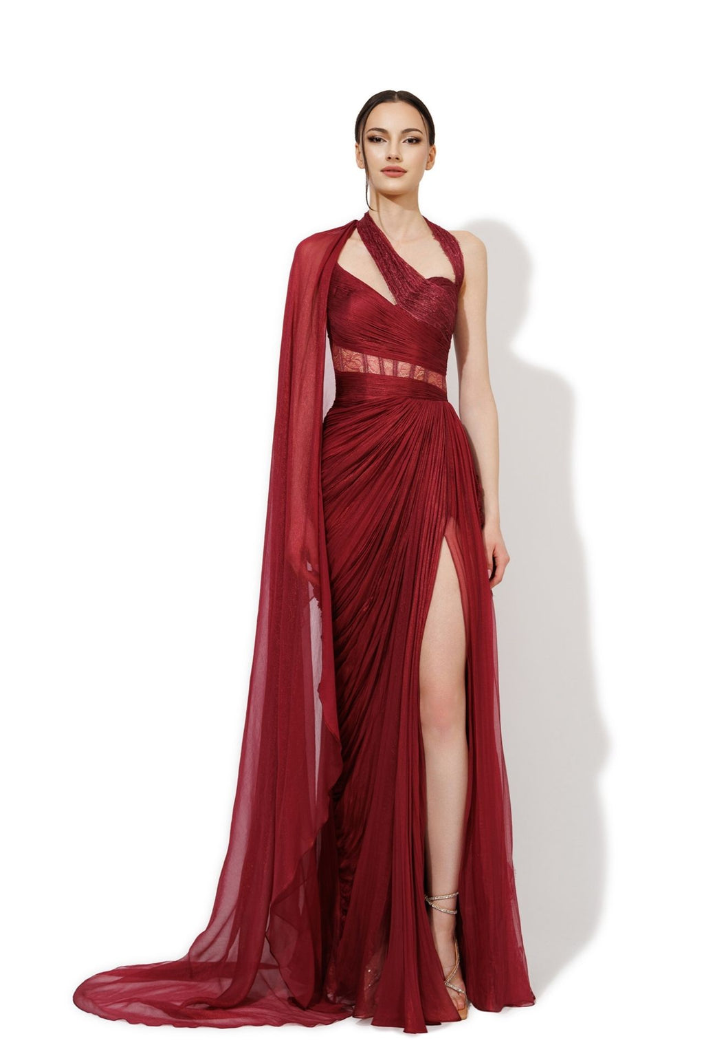 iris serban red dress Clarice Asymmetric-sleeve Draped Maxi Dress