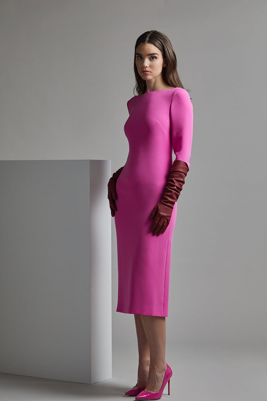 crepe midi dress with sleeves Long sleeves midi crepe dress – HERTROVE