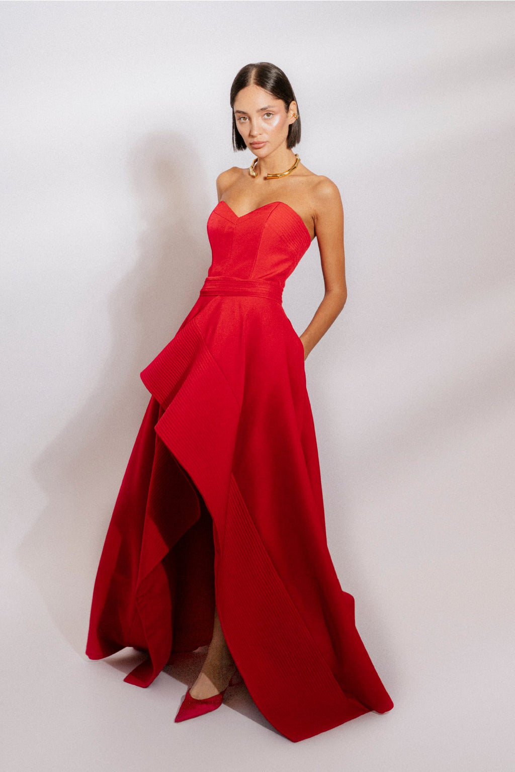 Asymmetrical Crepe Gown with Pleated Belt Red / Custom