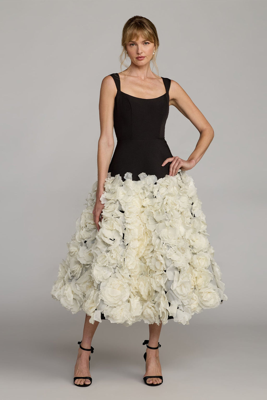 Black fitted bodice dress with voluminous floral midi skirt – HERTROVE