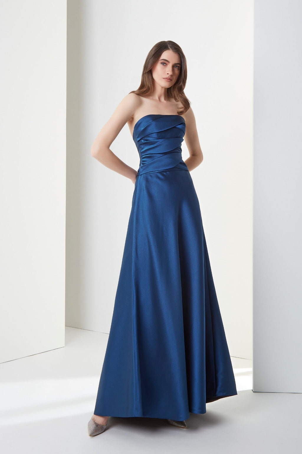 Strapless fine silk Italian mikado gown with draped bodice Blue / US 12
