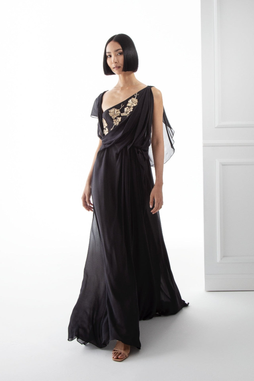 Asymmetric Georgette Gown with Draped Bodice Grey / US 4