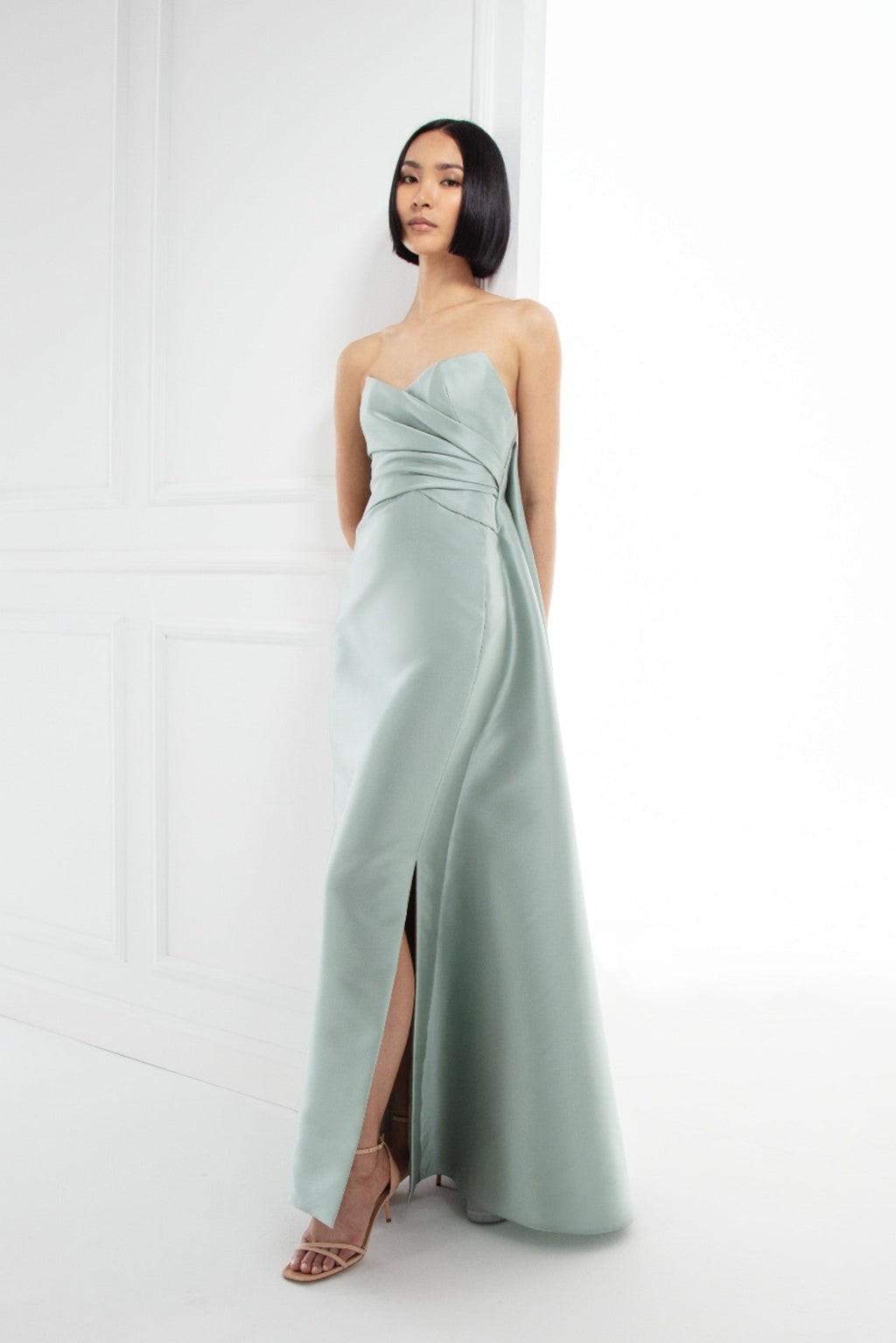 Strapless fitted fine Italian mikado gown Sage / US 14
