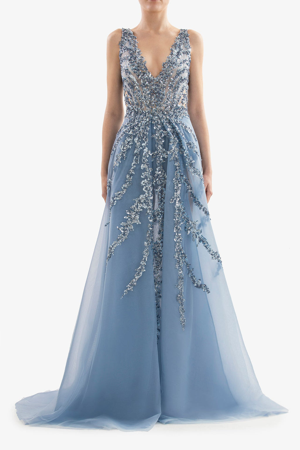Red Beaded Halter Neck Tulle Dress
