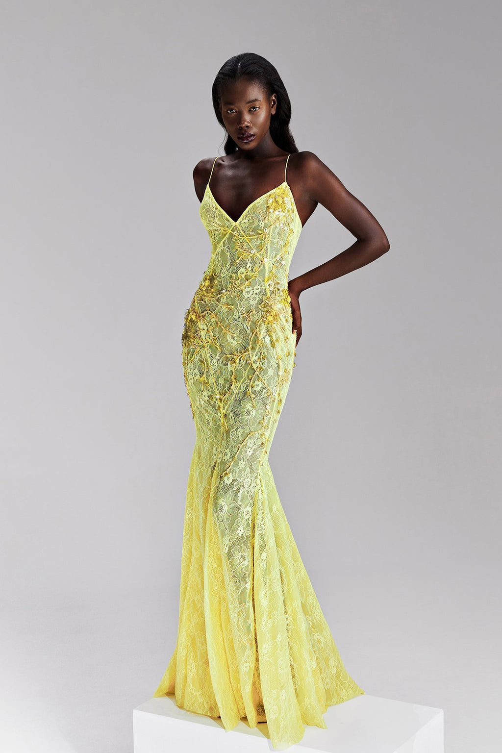 Hand-Embellished Lace Dress Custom / Yellow
