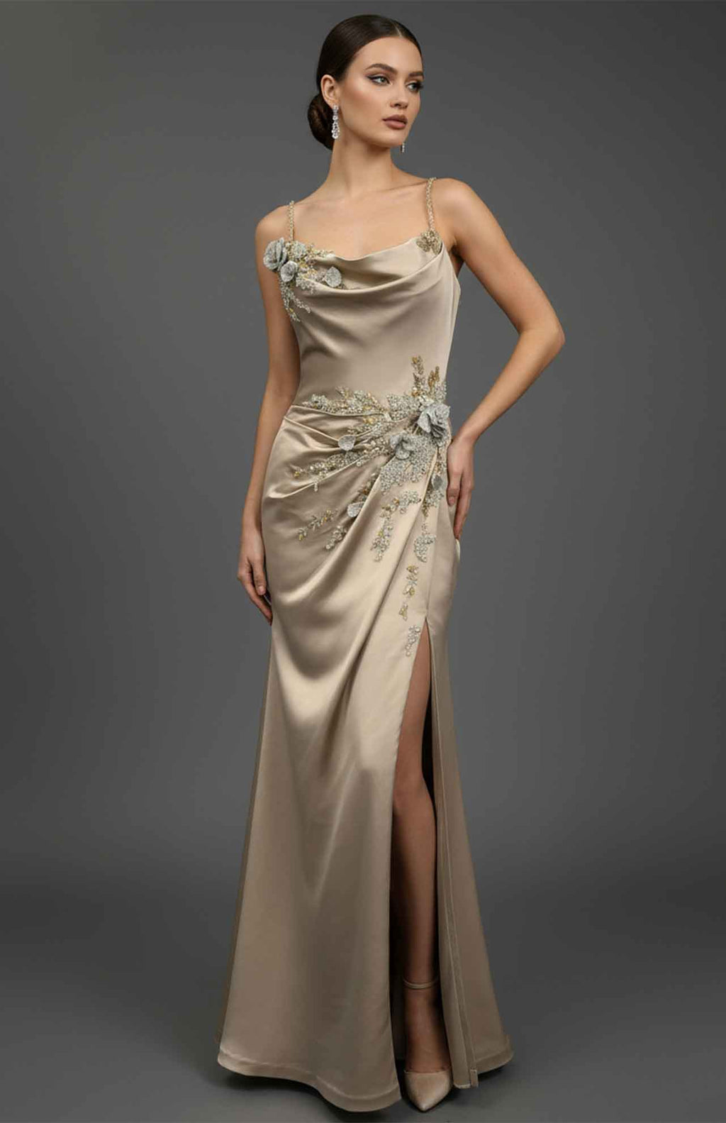 Draped Satin Gown with Floral Appliqué Champagne / US 14