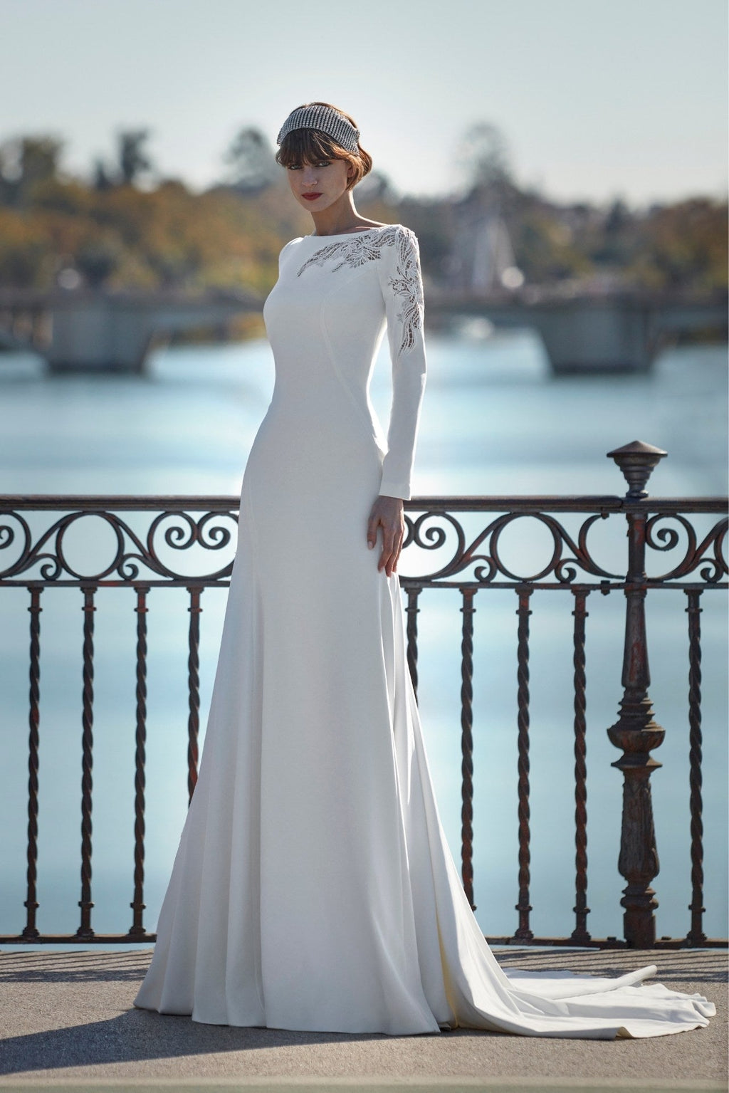 long evening dresses glasgow Elegant Lace Gown With Long Sleeves White / FR 46