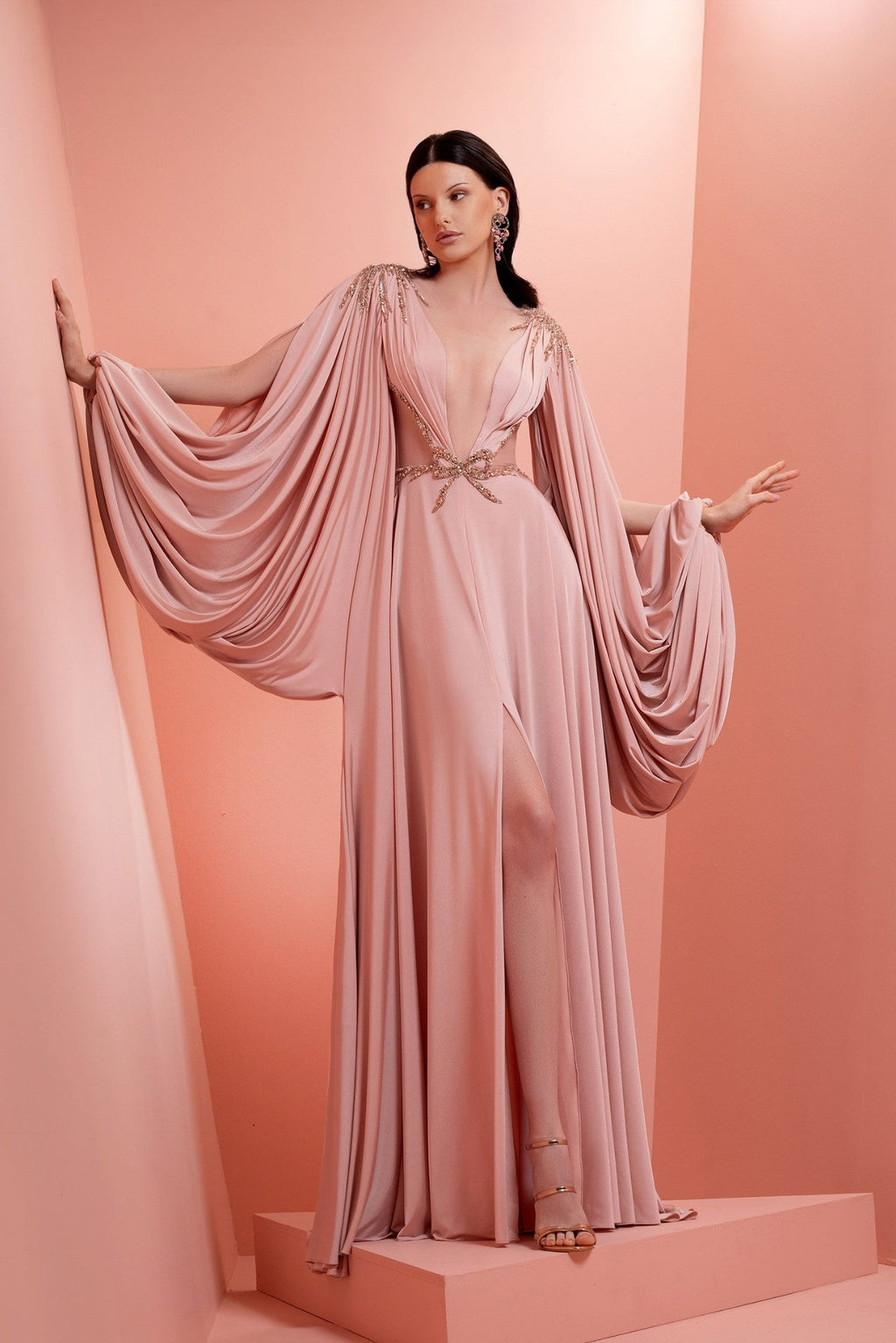 Long blush pink dress with dramatic draped sleeves – HERTROVE