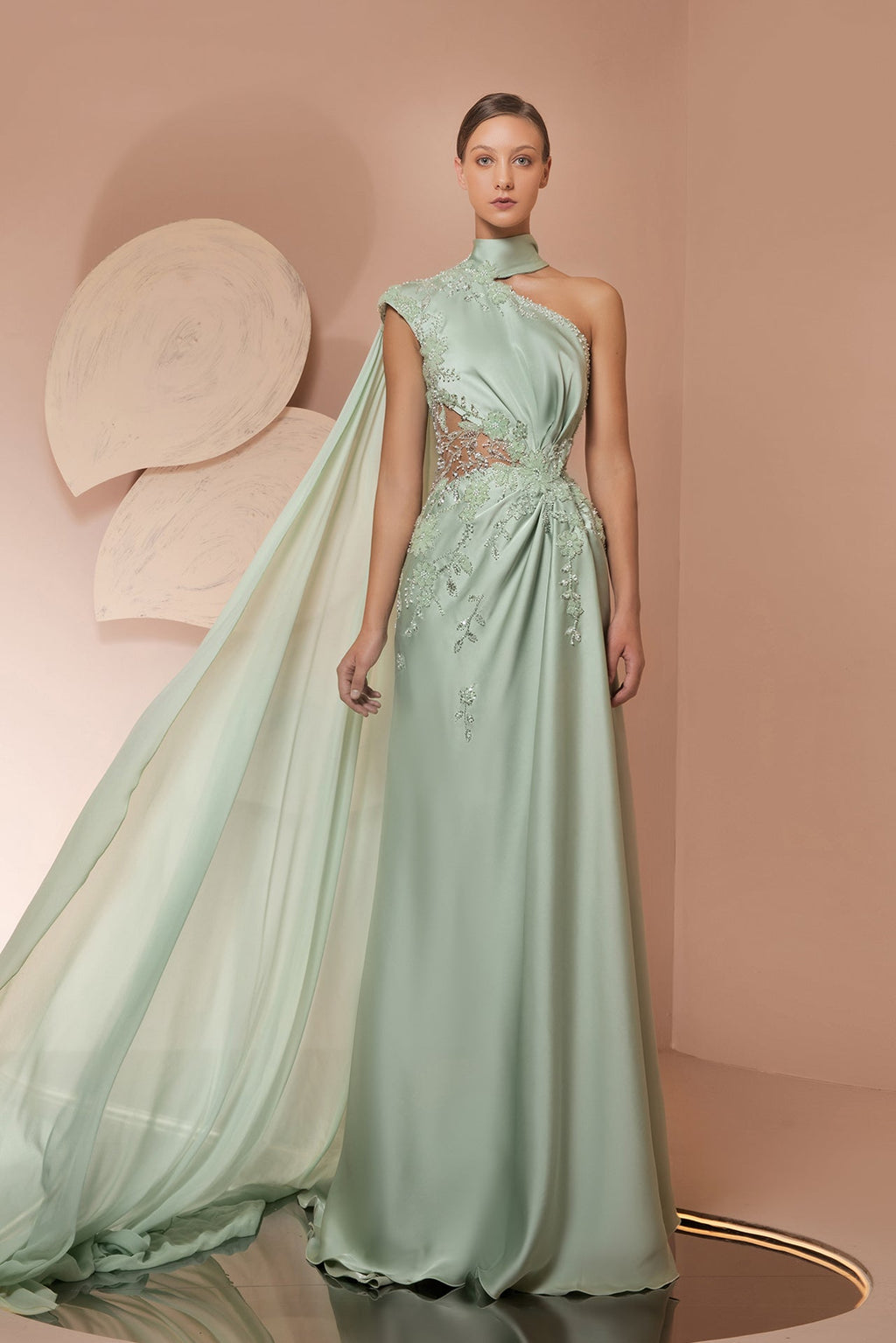 Satin dress with embroidery and muslin scarf Green / Custom