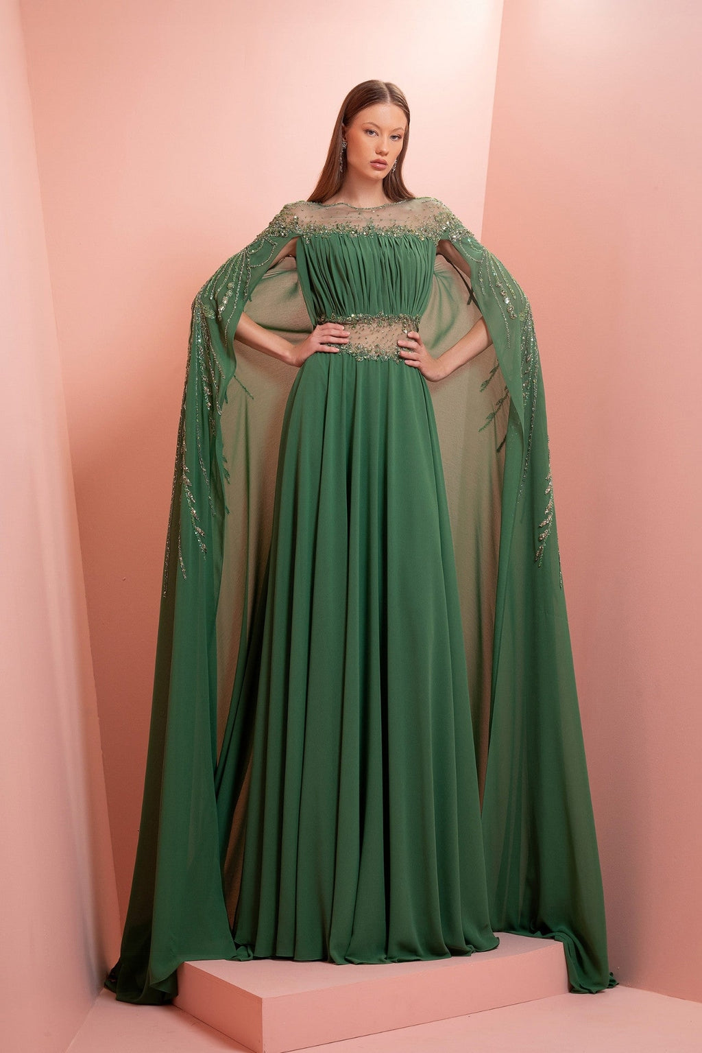green muslin dress A-line embroidered with cape hi-low dress