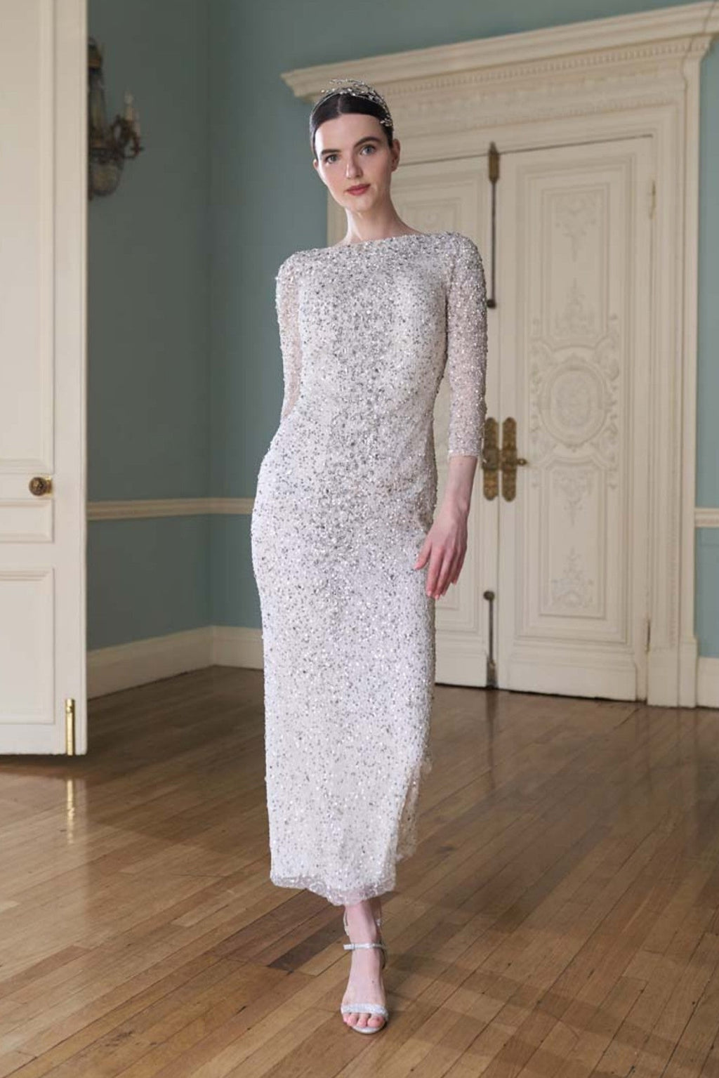 ankle length dress with slit Ankle-Length Fully Beaded Open Back and White / US 14 STINE GOYA One Shoulder Beaded Tulle Length inexpensive wedding dresses Size:X-LARGE