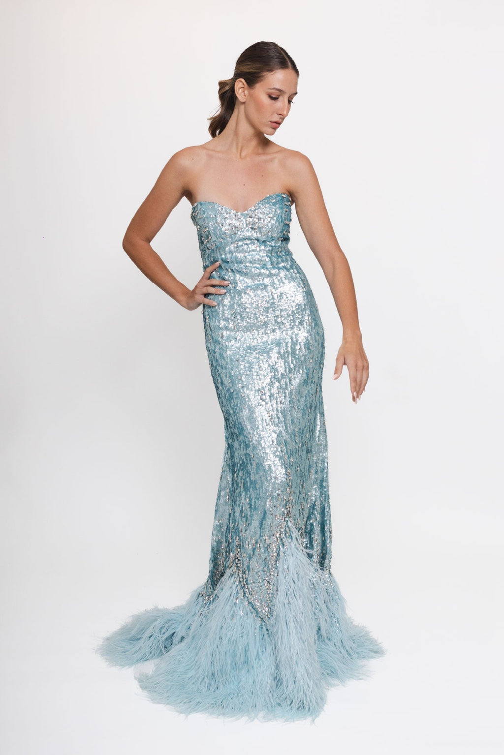 aqua glitter dress sequin gown with feathered hem – HERTROVE aqua blue dress for wedding guest