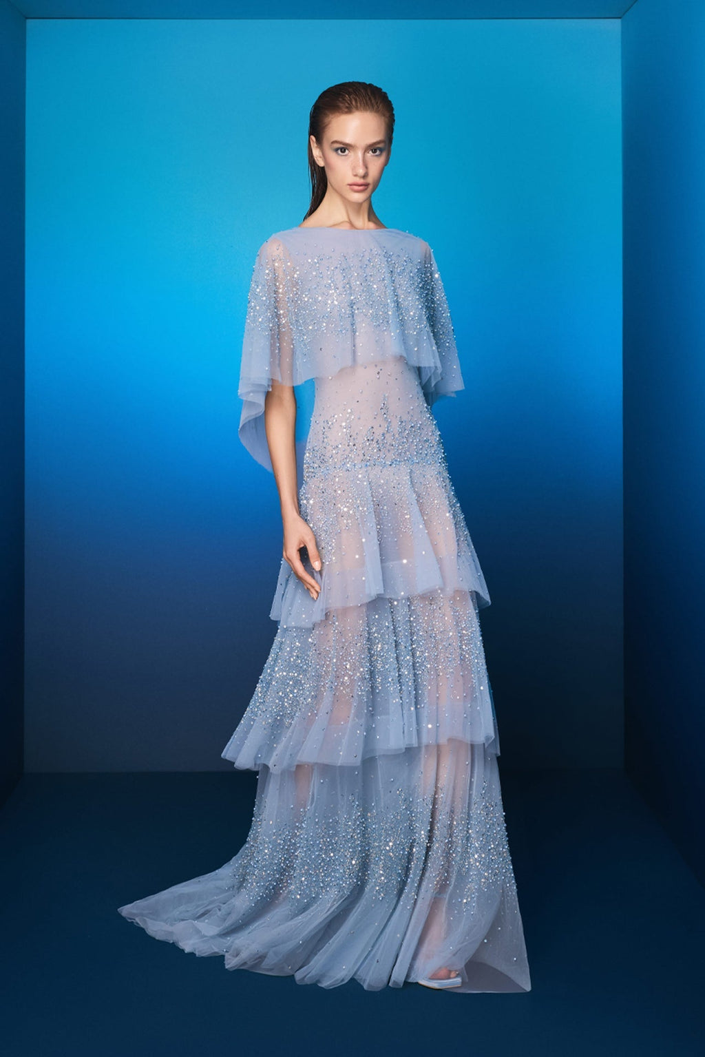 layered cape dress Beaded Gown with Skirt formal cape dress
