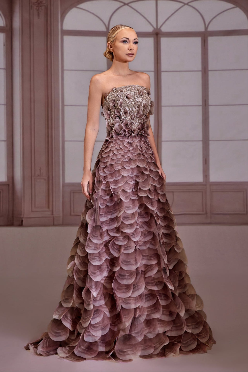 Beaded gown with scalloped petal-layered A-line skirt