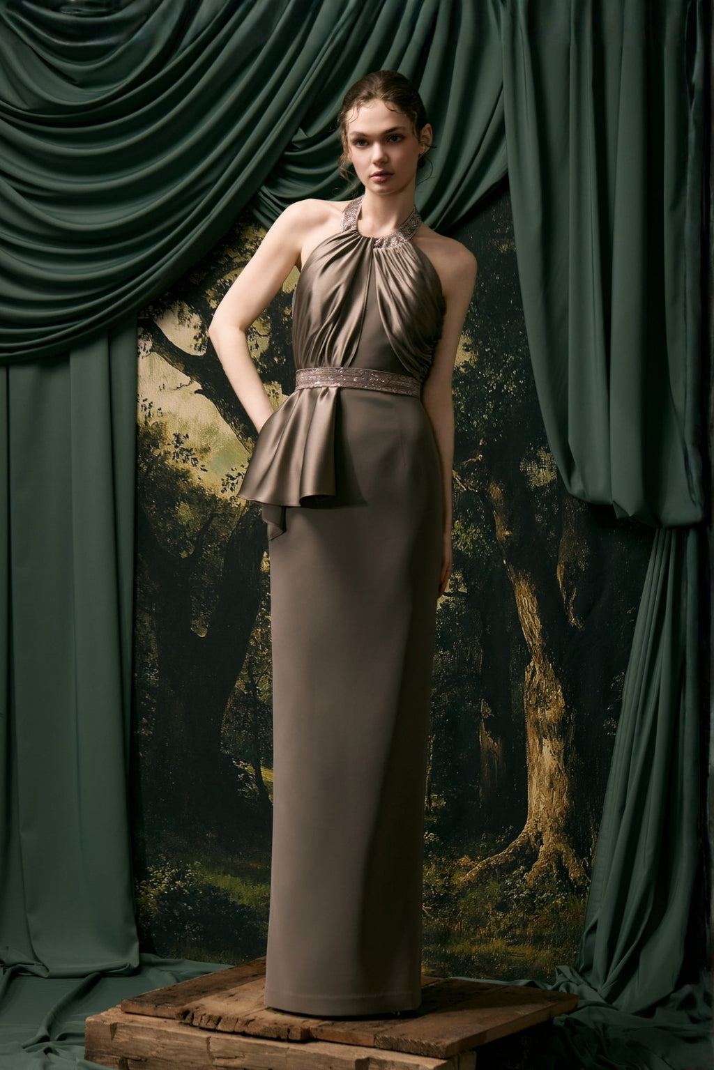 Beaded halter gown in olive satin back crepe