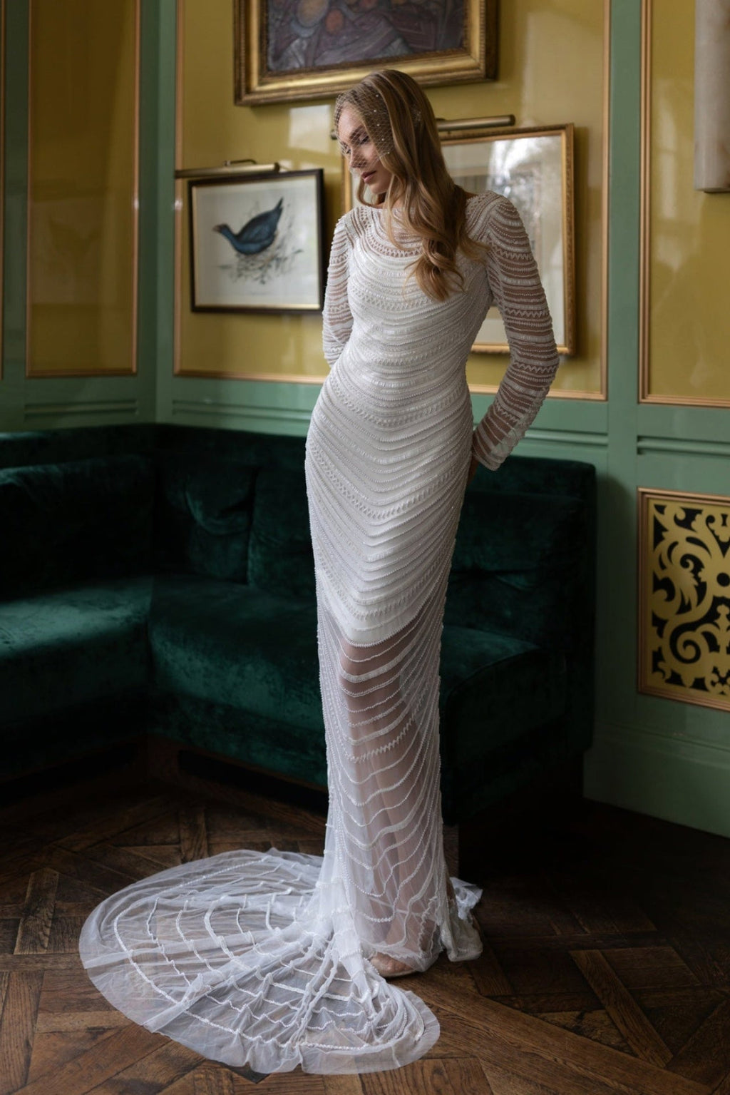 beaded illusion dress gown with scalloped pearl detailing formal halter neck dress