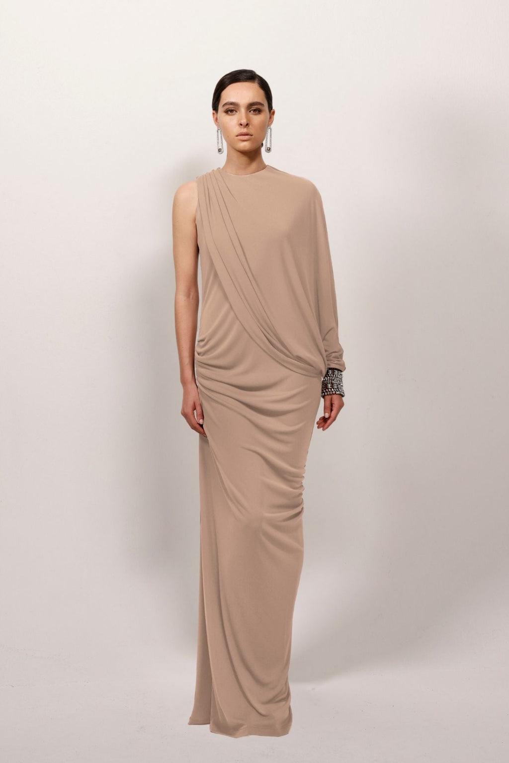Beige One Sleeve Jersey Dress – HERTROVE