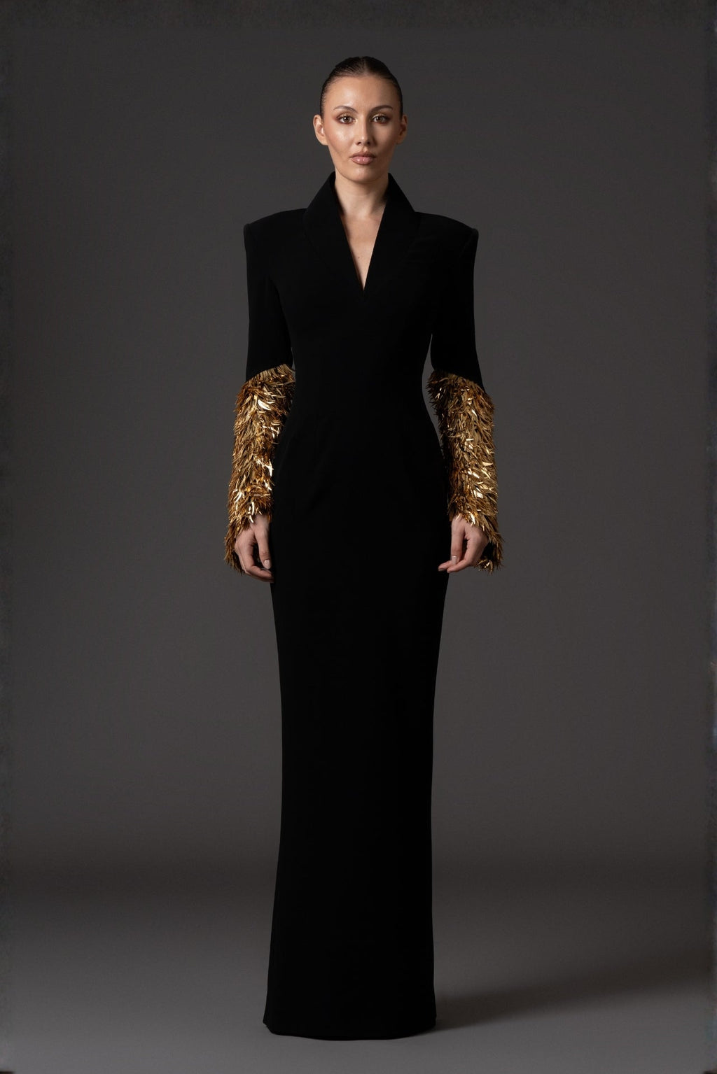 Black crepe long-sleeve dress with gold spike embroidery
