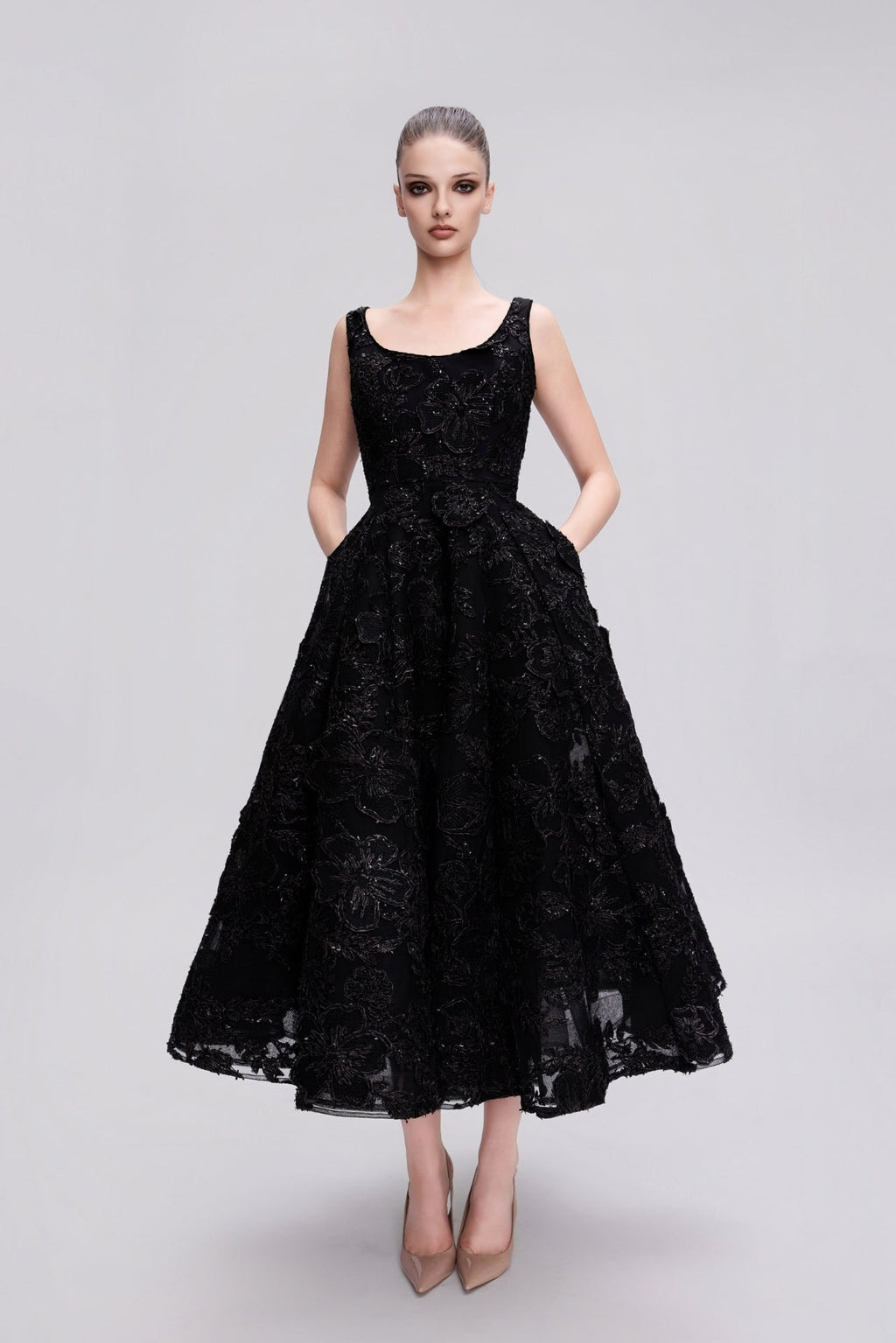 ballerina formal dress Black Raffia 3D Floral Gown – HERTROVE ella