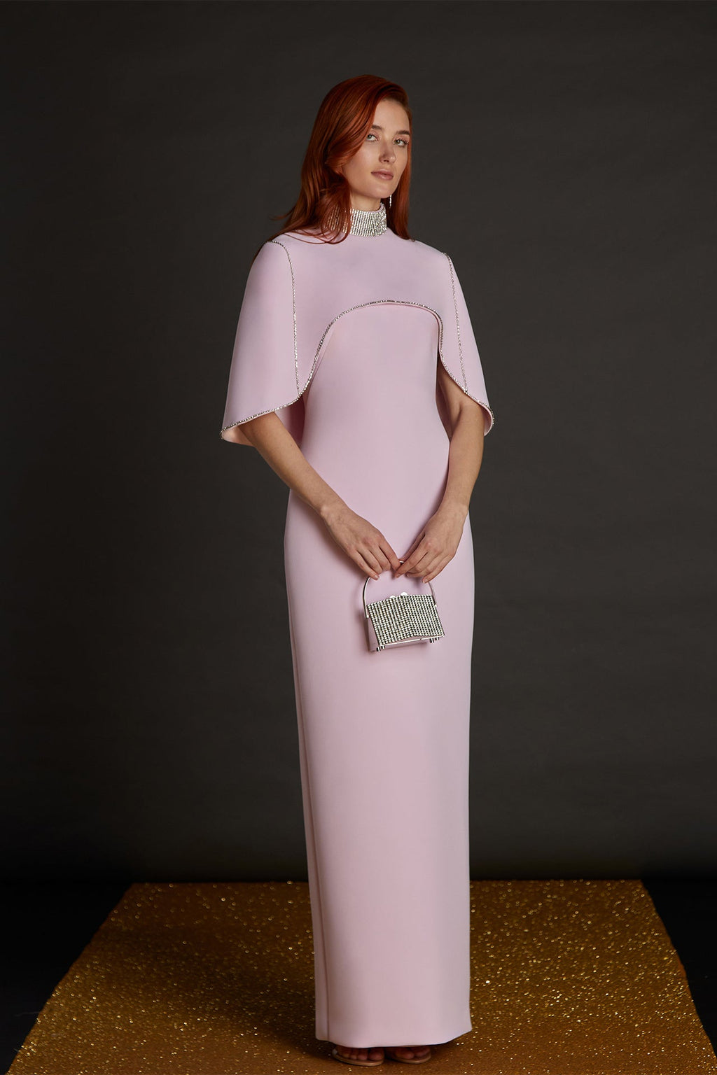 formal dress with cape overlay Crepe COLOR|1|BLACK
