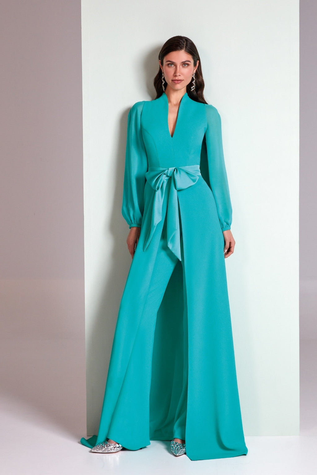chiffon jumpsuit dress Sleeve with Flowing Overskirt and Waist Bow Color:Transparent Peach occasion_formal Zapakasa Wome Sparkly Blue Shoulder jumpsuit Hang Or Line Dry