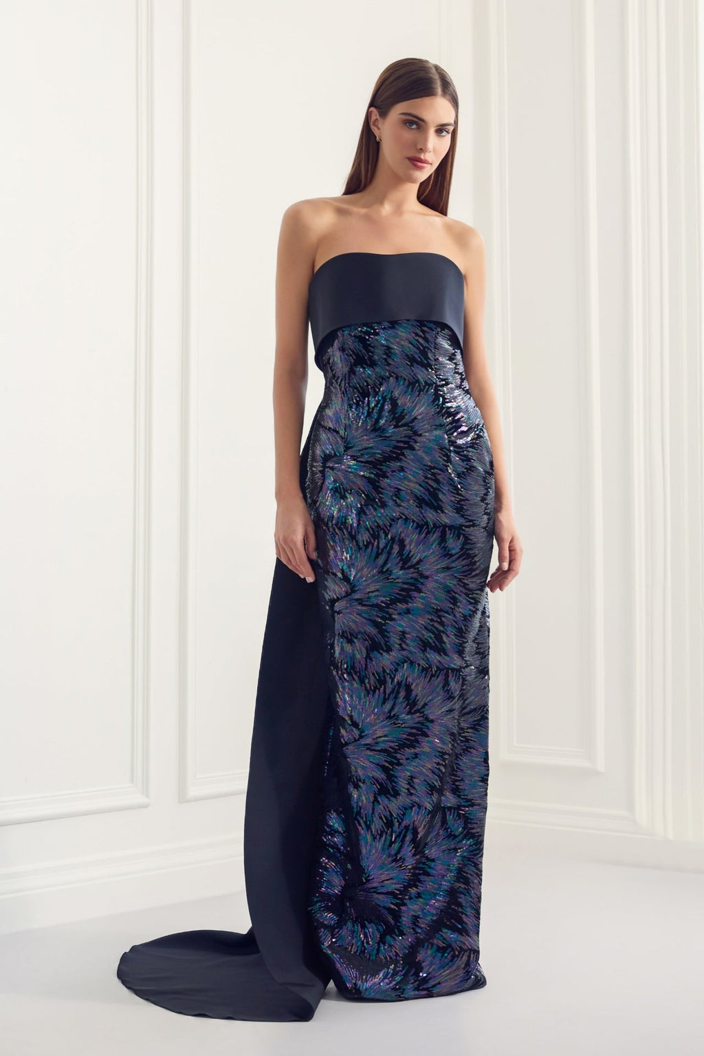Chrome and velvet sequin gown with cape – HERTROVE