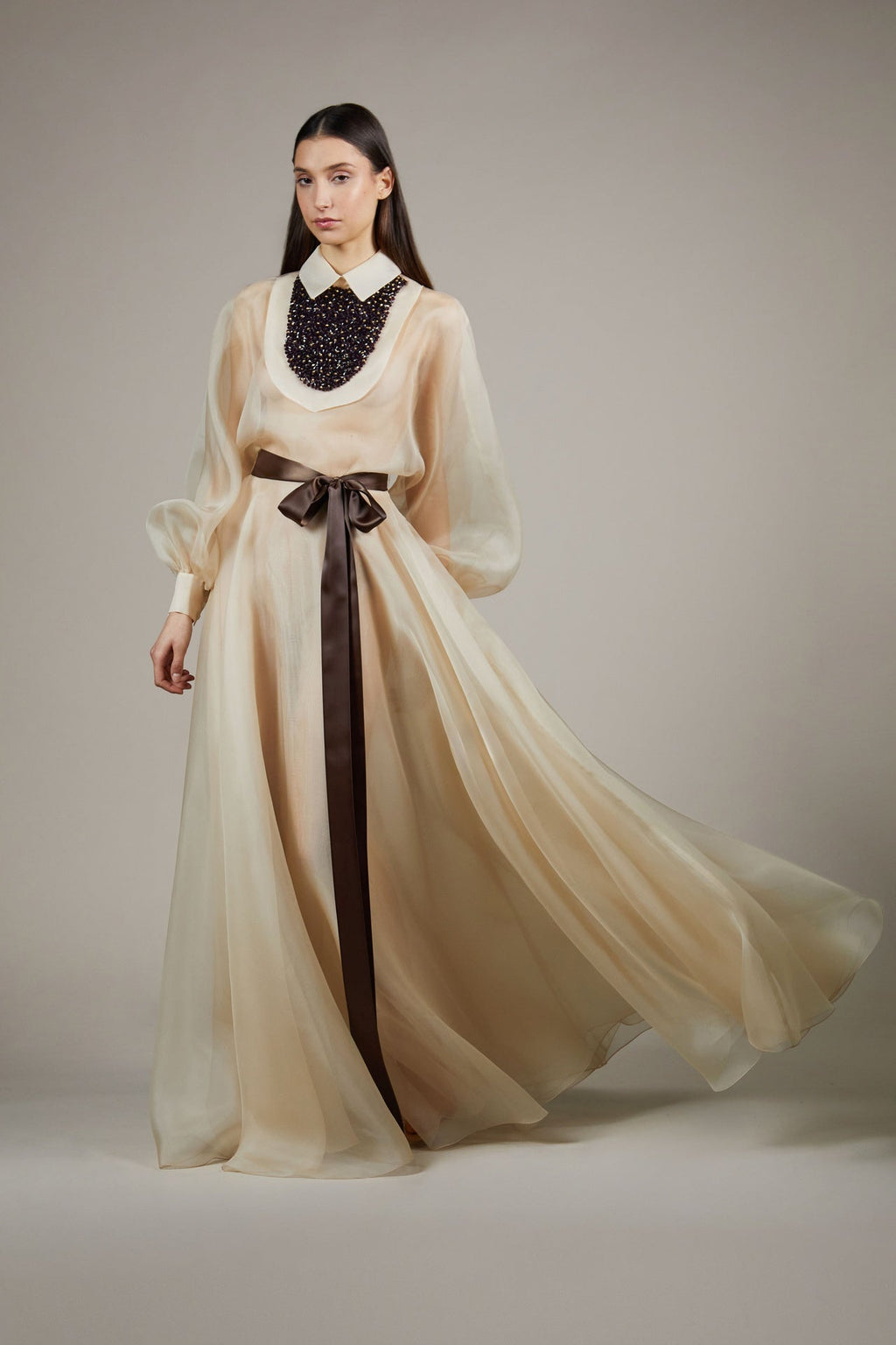 Collared sheer organza gown with beaded details and silk ribbon Collared sheer organza gown with beaded details and silk ribbon