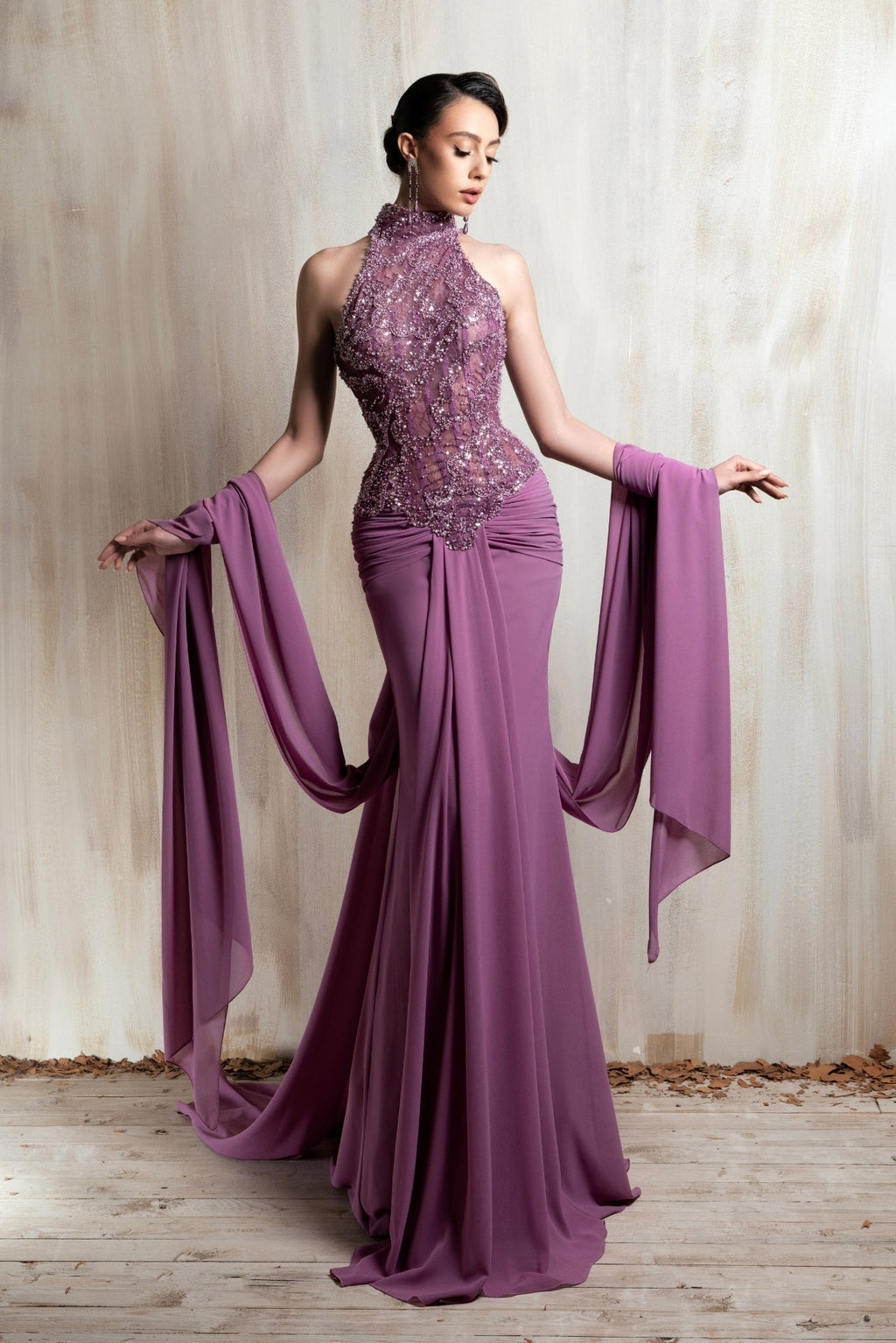 purple beaded halter dress Draped bodice gown with scarf sleeves Joanne Sequin Dress Buy AllSaints Red Eloise Size:US: 12 a masterpiece of design
