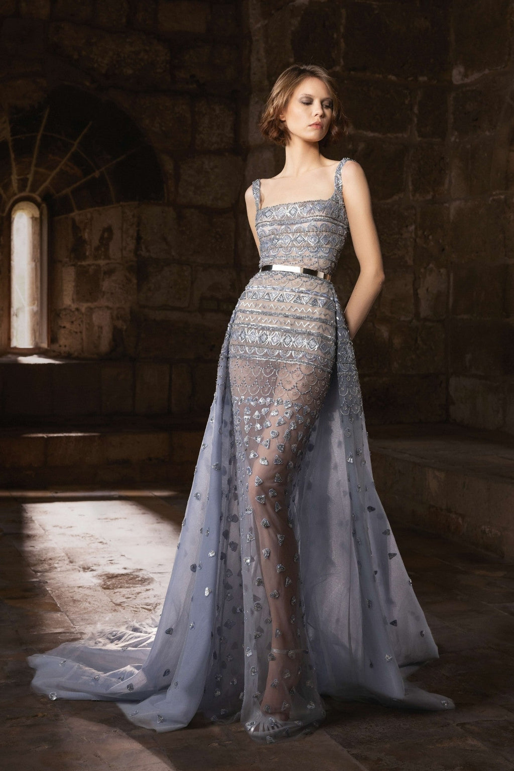 dusty blue gowns & formal dresses gown with layered tulle, fitted embroidered bodice, and flowing overskirt Dancing queen Size:48S Velvet Maternity Dress | Nuevos de la semana With Slit Built