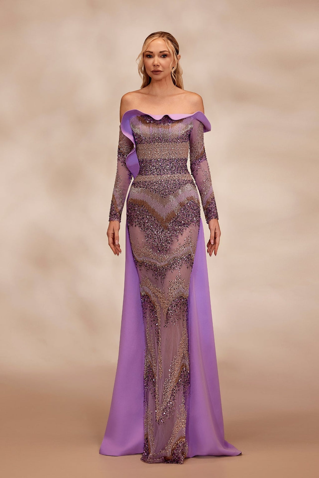 Fully beaded column dress with side panels