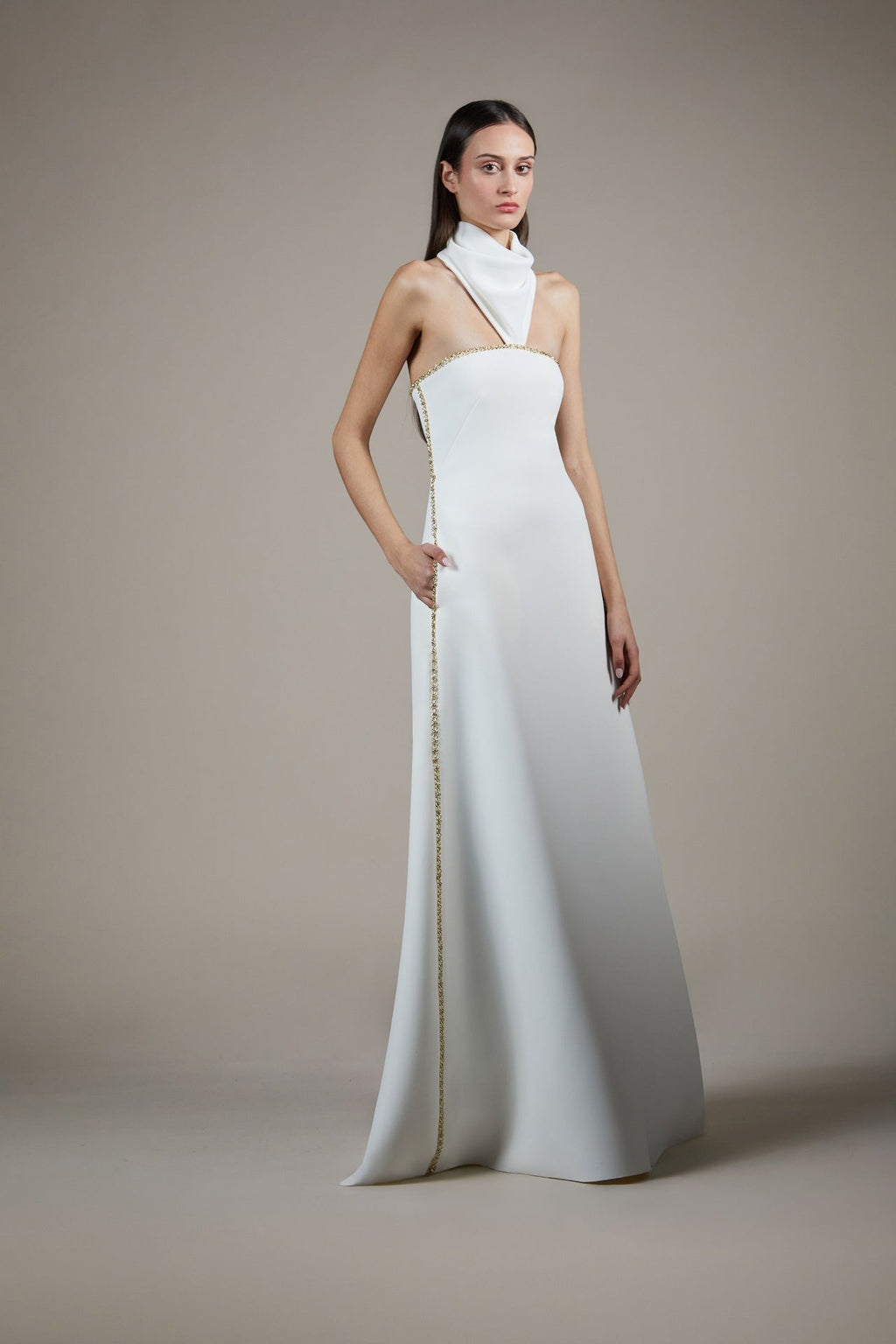 halter neck column dress Halter-neck gown with crystal-trim side seam meghan markle halter wedding dress