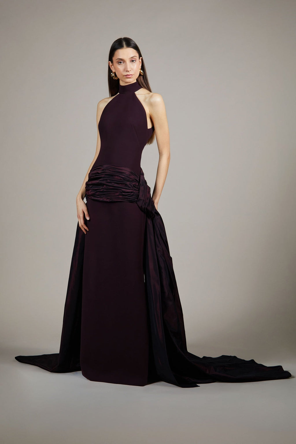 Halter-neck crepe gown with ruched taffeta hip sash and train