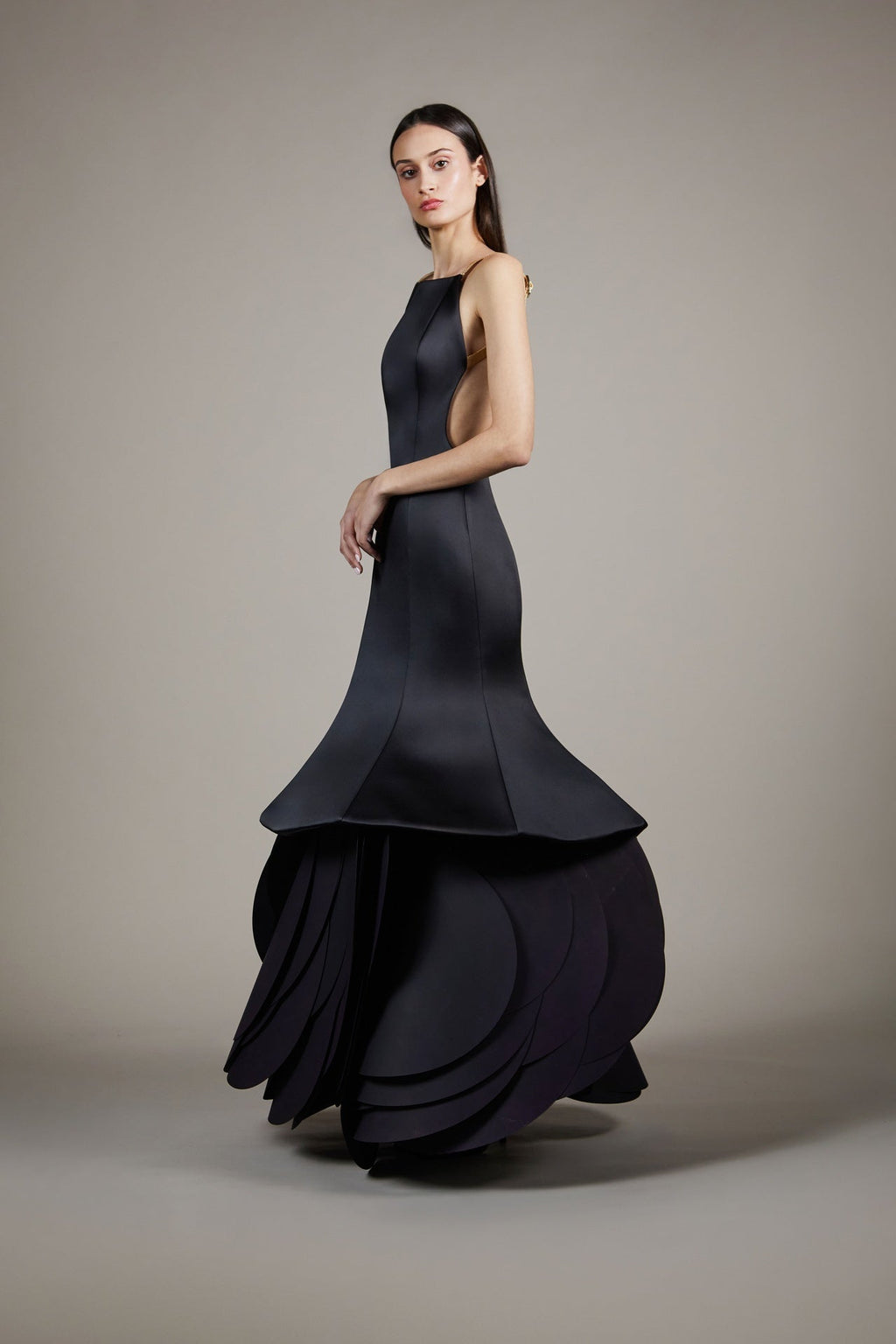 structured halter neck dress Halter-neck mermaid gown with petal skirt Prom dress