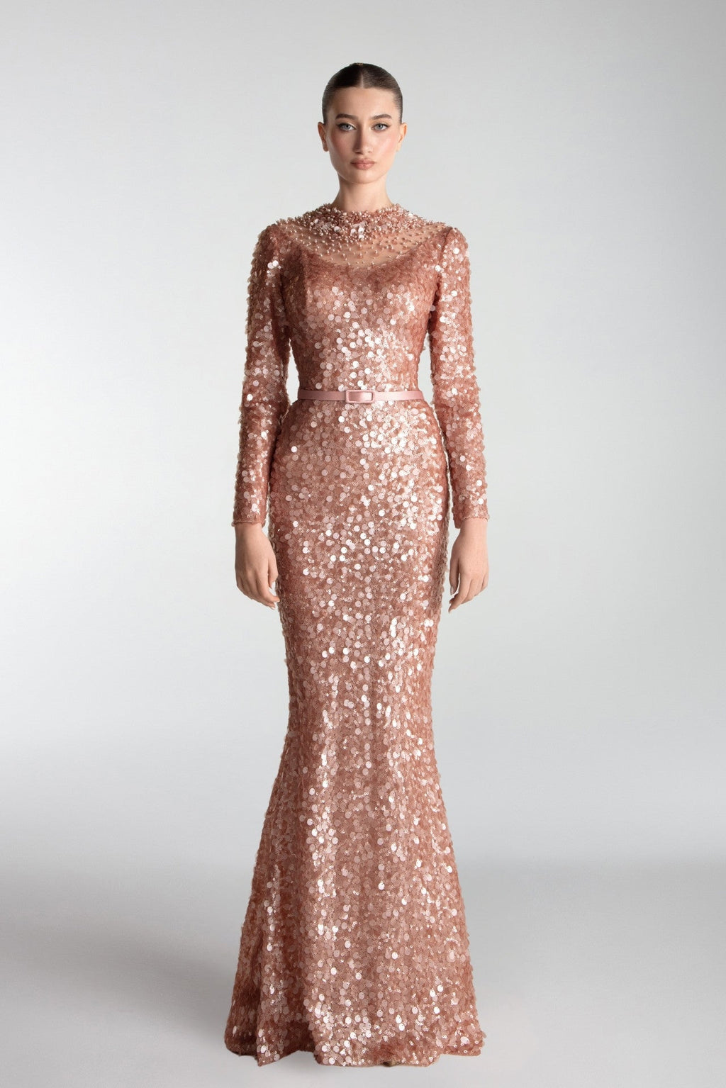High-Neck Rose Gold Sequin Gown