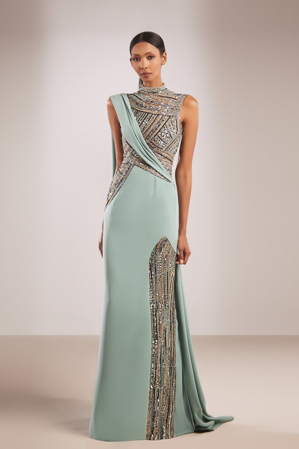 High neck semi-beaded gown – HERTROVE