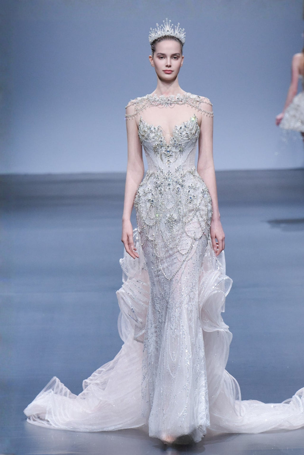crystal beaded mermaid dress Illusion gown with beading and ruffled train Size:10C