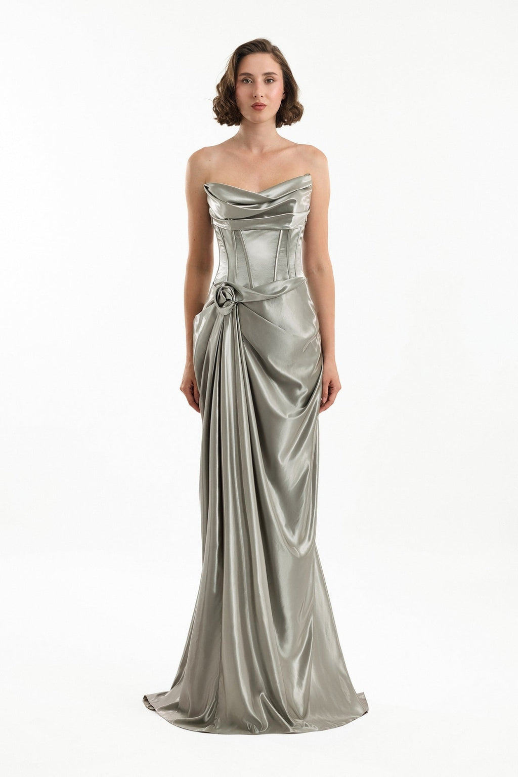 Khaki Strapless metallic corset dress – HERTROVE