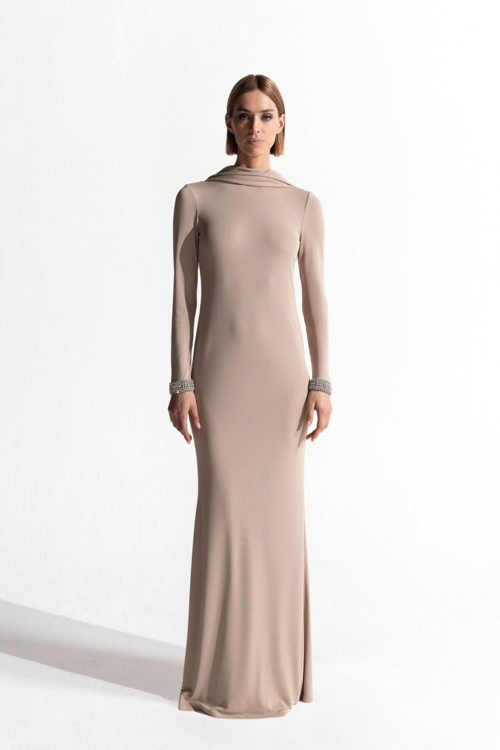 knitted jersey dress With An Open Back Custom / Beige sparkle_baby_dress Wedding Dress with Cowboy stretchy jersey knit fabric Color:Red(long sleeves)