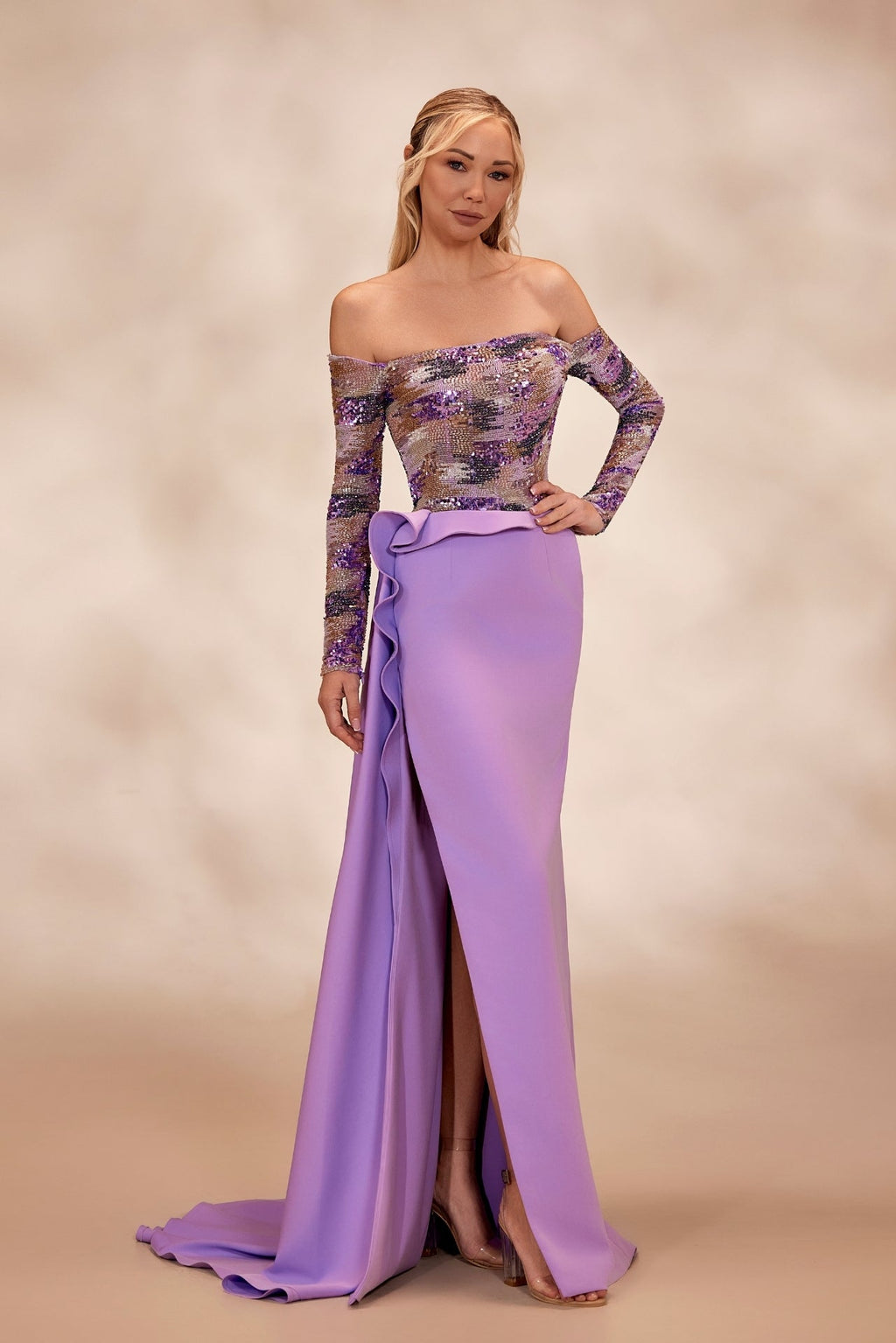 Multicolor beaded bodice column dress with side ruffles