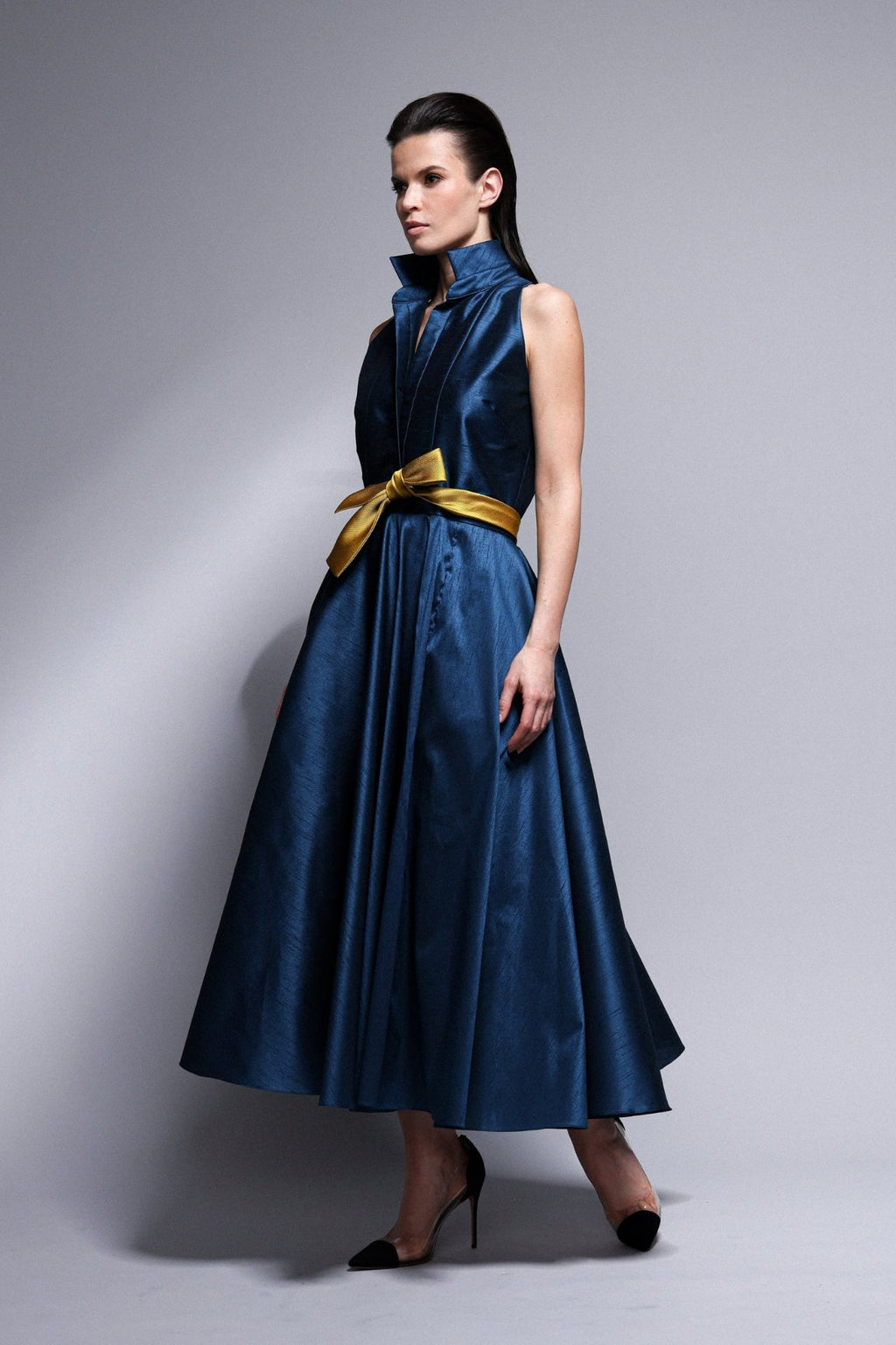 Navy Dupioni Silk Midi Dress