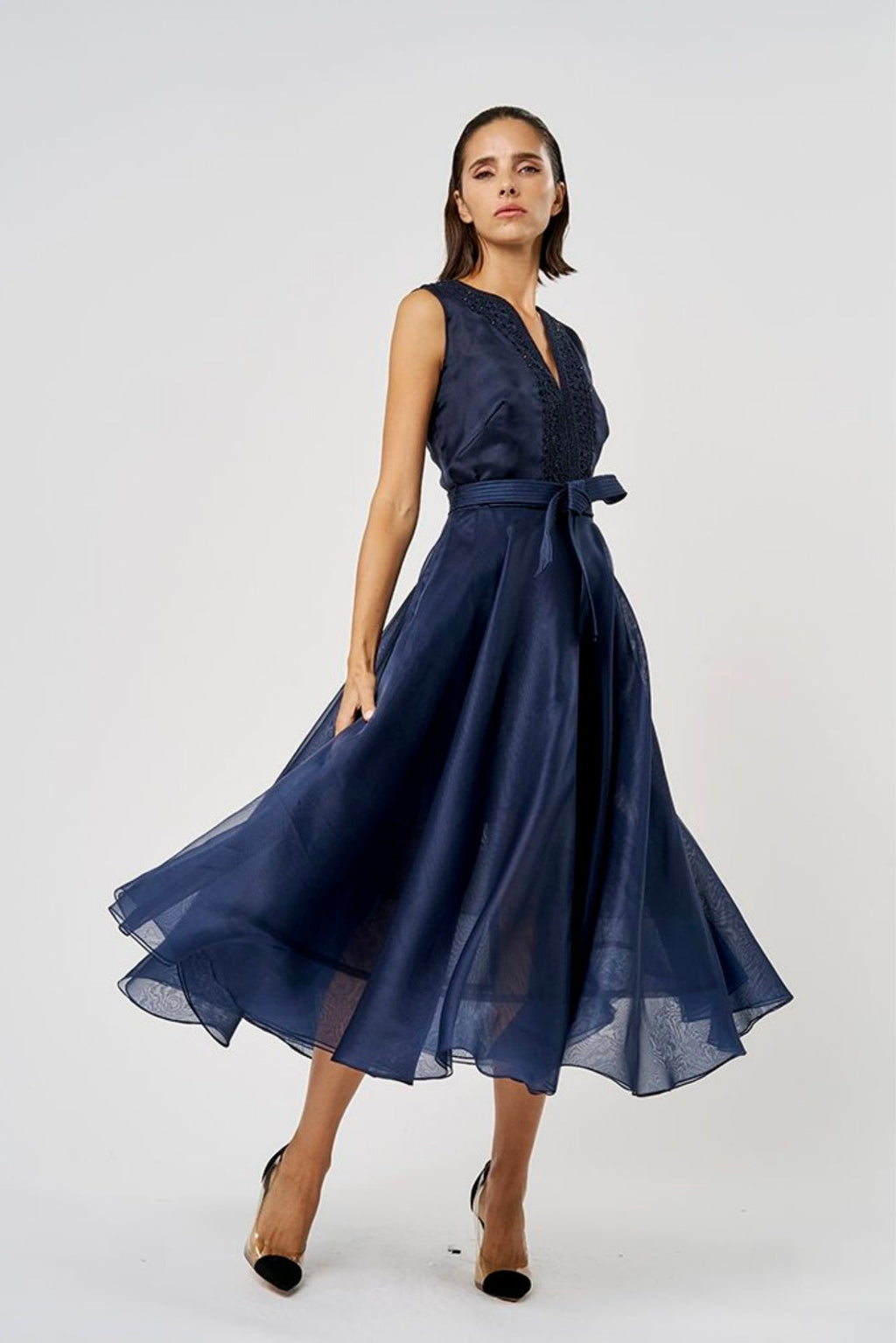 Navy silk organza dress with Swarovski neckline