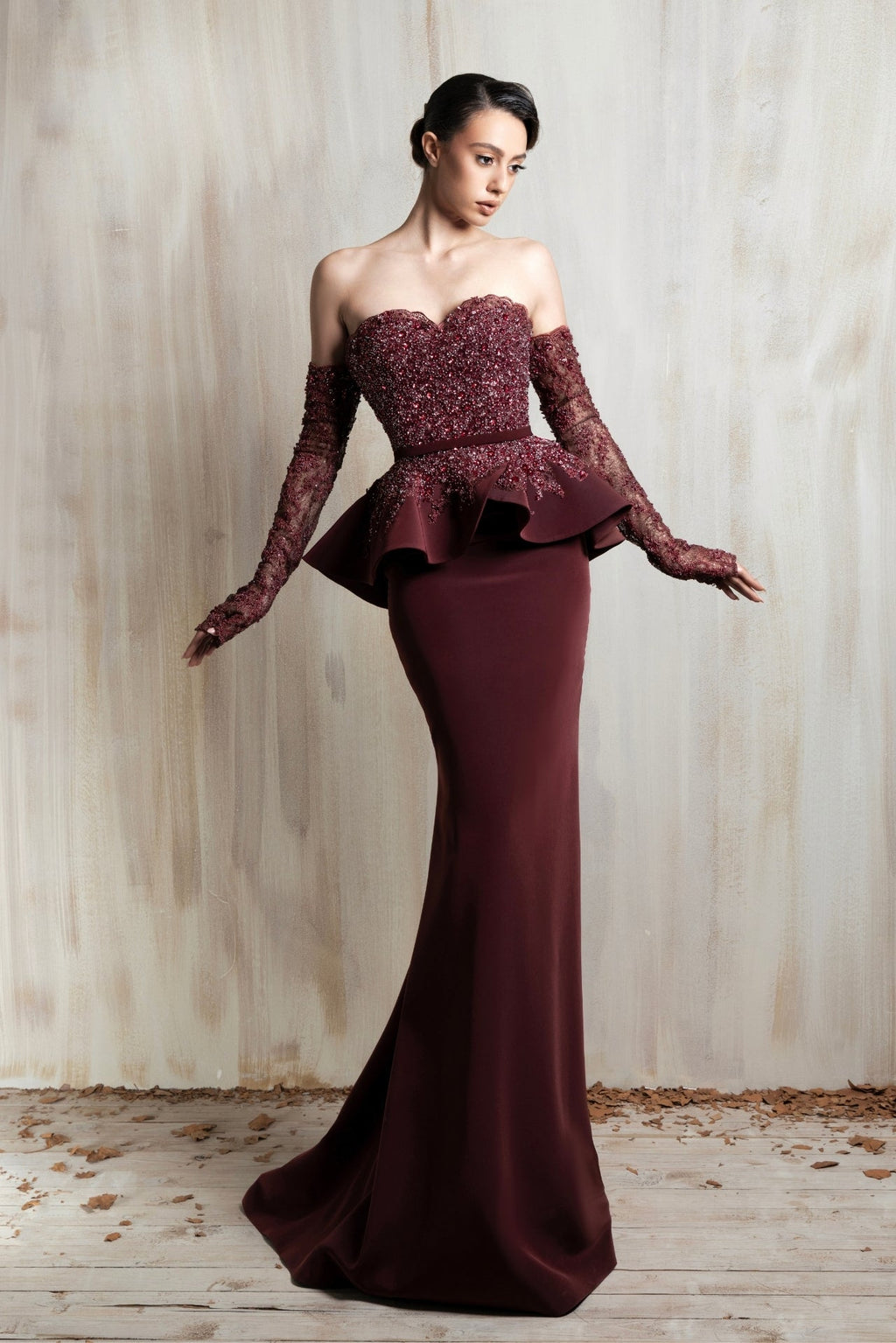 beaded peplum dress Off-shoulder bodice gown with waist Taille:36 a sultry thigh above the knee A black tie wedding