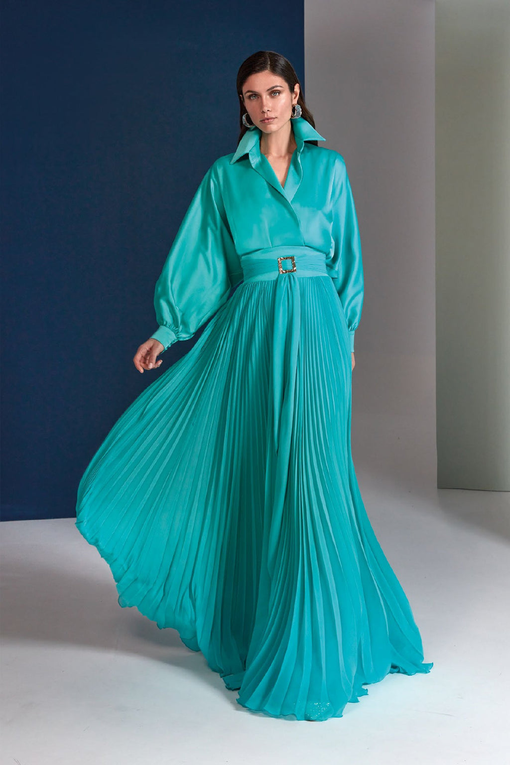 Pleated Chiffon Dress with Satin Crepe Bodice