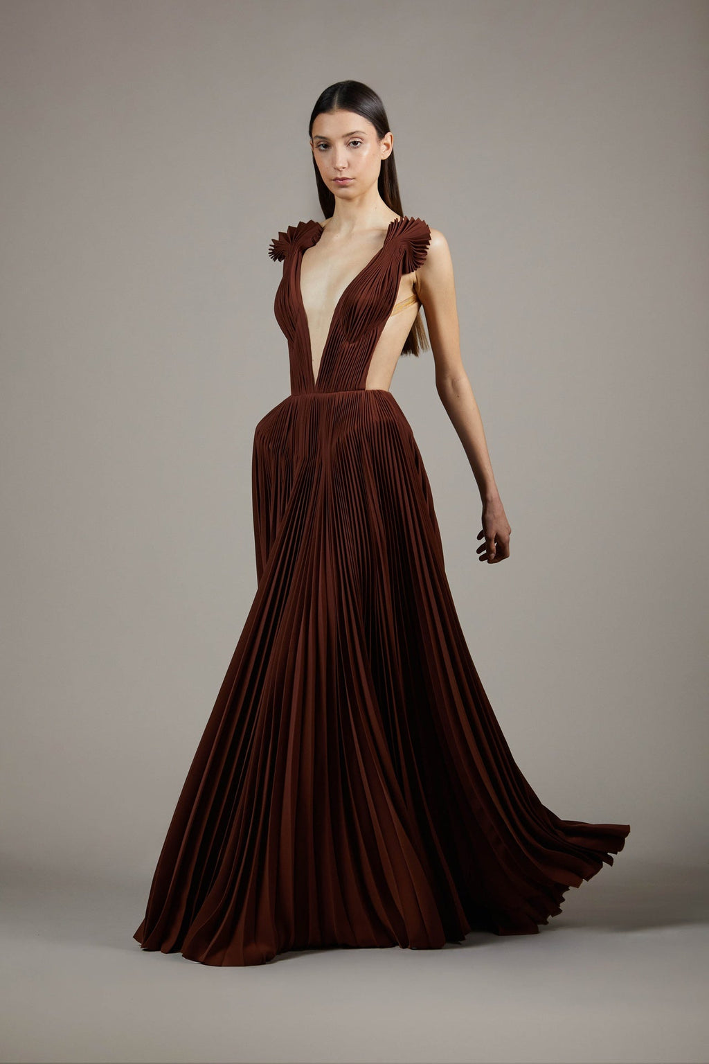 pleated dress with side cut out Plunging sunray-pleated gown cut-outs – HERTROVE Gothic Black Lace Wedding Color:SAF-SAFFRON active-for-pre-order With shorter and more side waist cut out dress