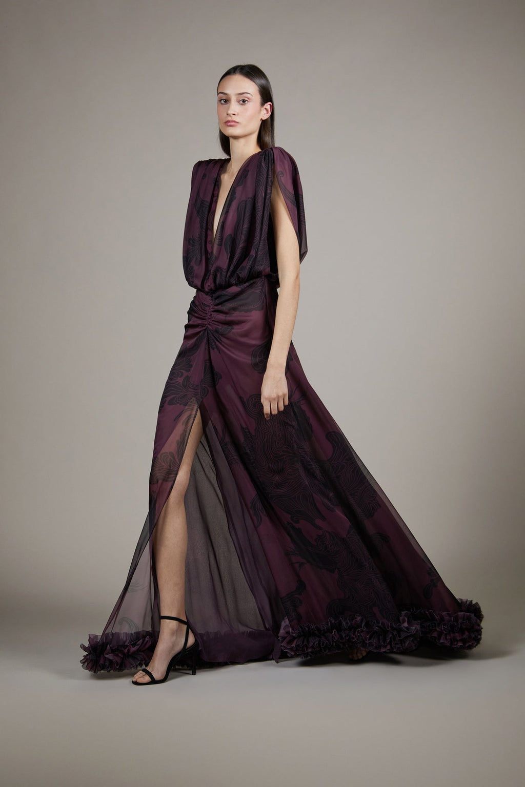 Printed chiffon gown with ruched waist and ruffled hem